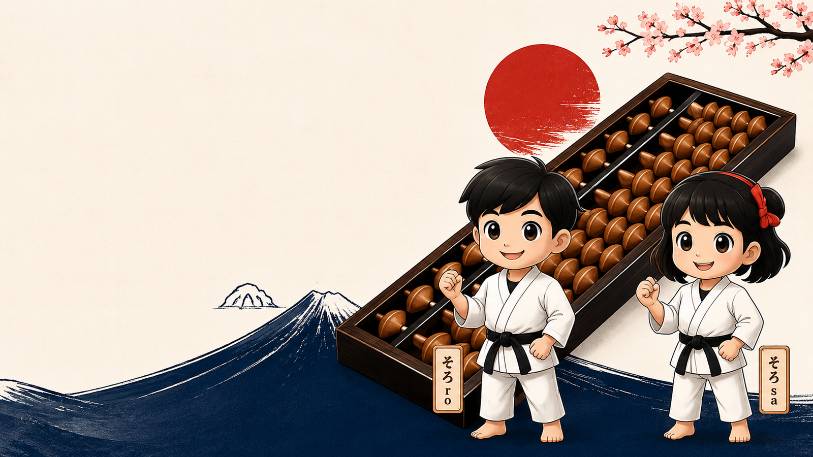 Two children in soroban dojo uniform beside a giant Japanese abacus, with Mount Fuji, a red sun and cherry blossoms in the background